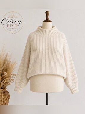 Ivory Cashmere Feel Ribbed Mock Neck Cropped Sweater Soft Cozy Knit Quiet Luxury